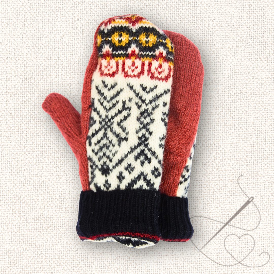 Medium Mittens Red, White, and Black Nordic Pattern