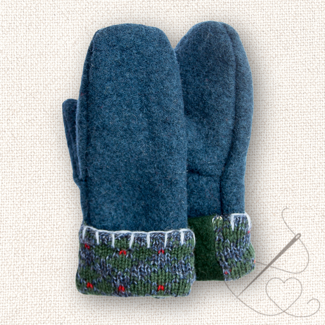 Medium Mittens Blue with Patterned Cuff