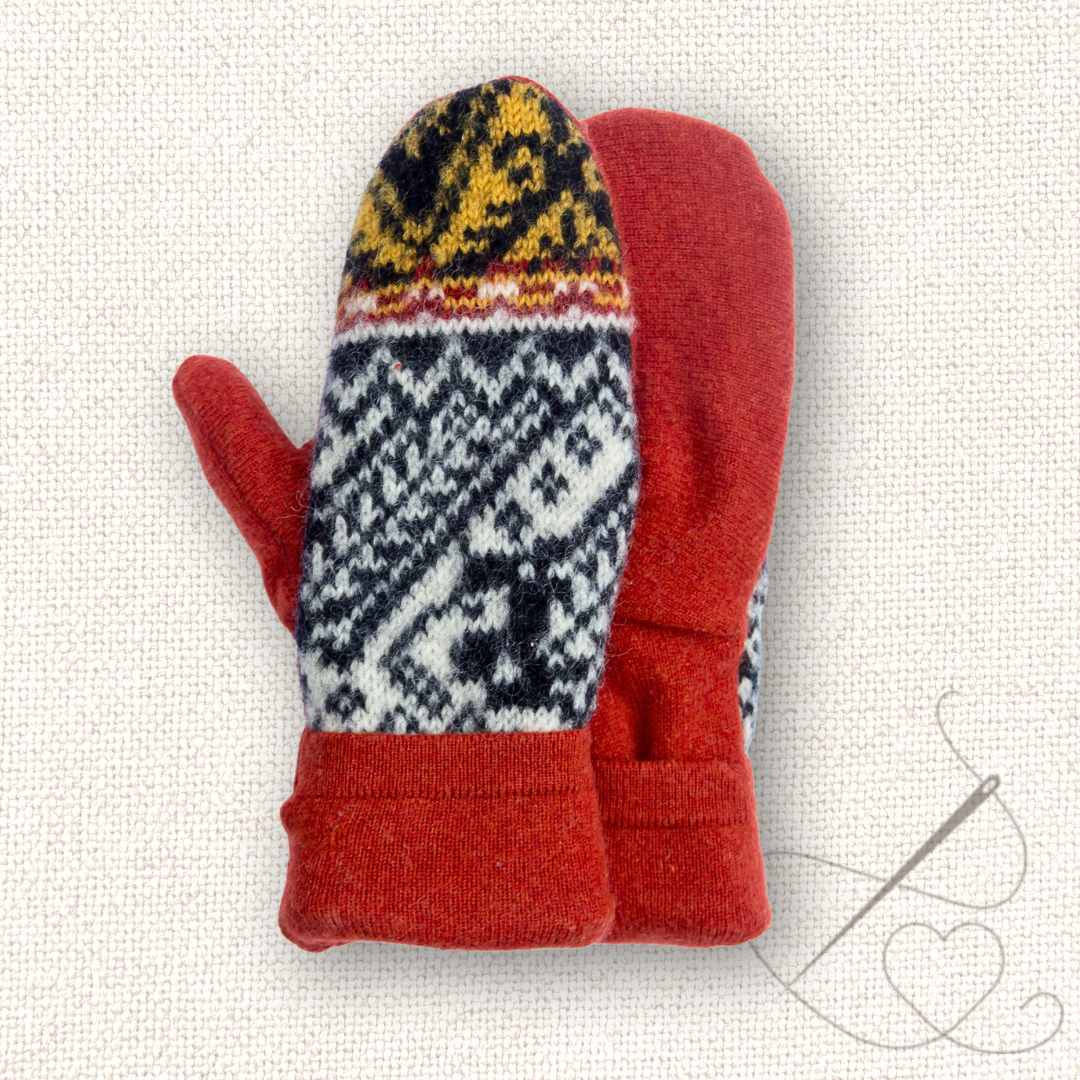 Medium Mittens Red, White, & Yellow Pattern