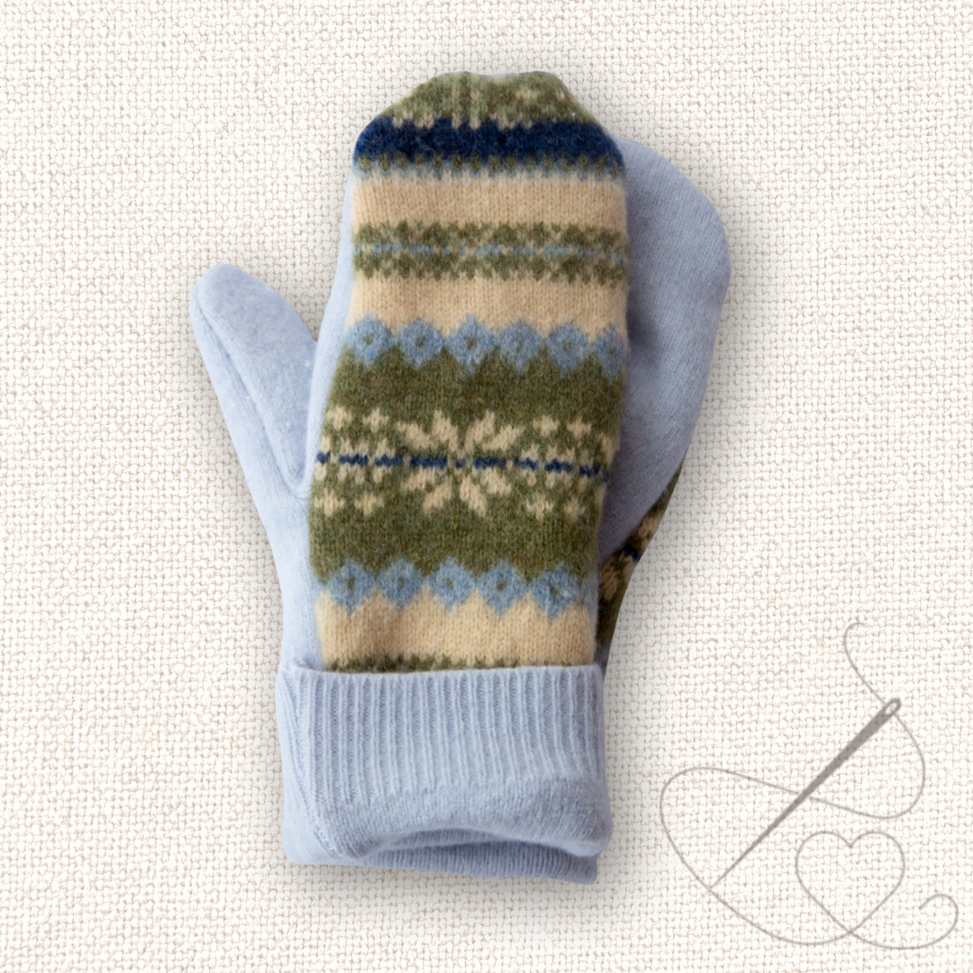 Small Mittens Light Blue and Green Pattern