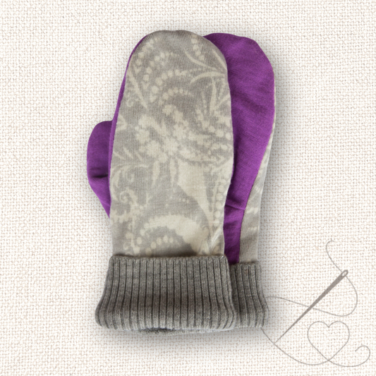 Medium Mittens Grey Paisley back, purple palm