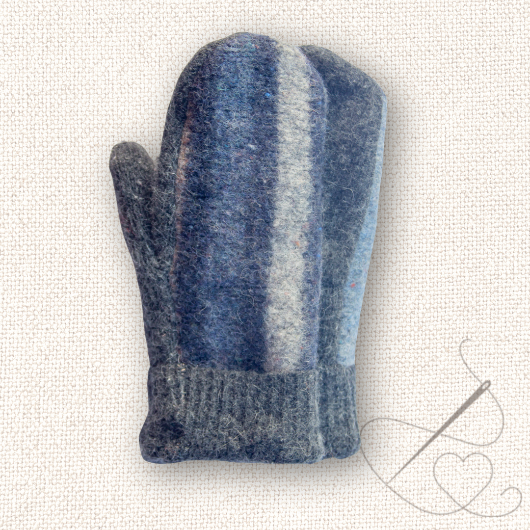 Medium Mittens Gray and Blue Stripes